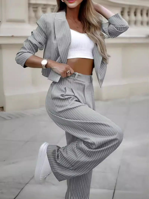 Women's Spring Fashion Striped Suits Casual Lapel Long Sleeve Cropped