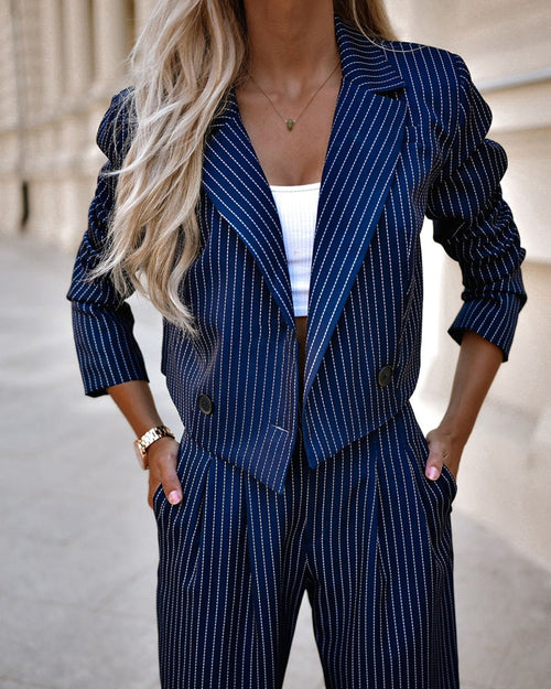 Women's Spring Fashion Striped Suits Casual Lapel Long Sleeve Cropped