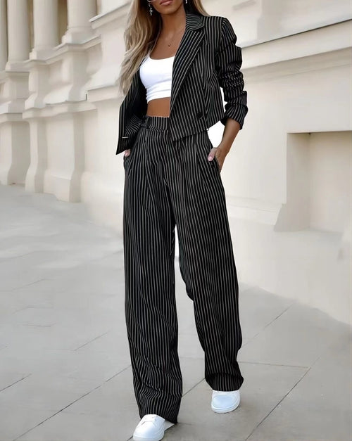 Women's Spring Fashion Striped Suits Casual Lapel Long Sleeve Cropped