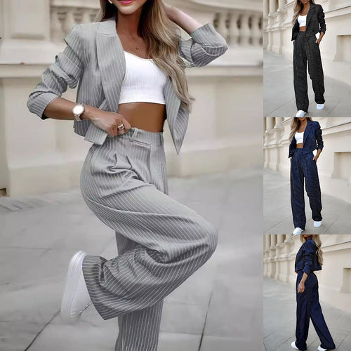 Women's Spring Fashion Striped Suits Casual Lapel Long Sleeve Cropped