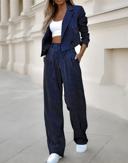 Women's Spring Fashion Striped Suits Casual Lapel Long Sleeve Cropped