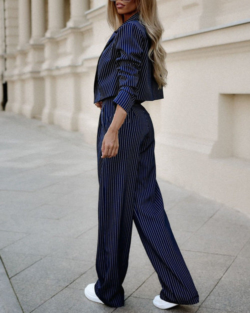 Women's Spring Fashion Striped Suits Casual Lapel Long Sleeve Cropped