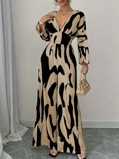 Abstract Print V-Neck Wide Leg Jumpsuit