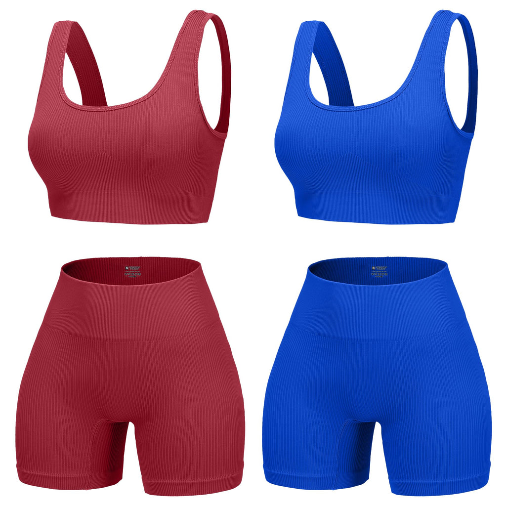 YWBIN 4 Piece Workout Sets for Women Seamless Ribbed High Waist Yoga shorts with Sports Bra Outfits