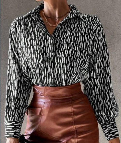 All Over Print Button Up Shirt Workwear Elegant Business Casual Women
