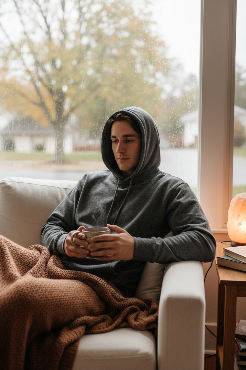 Man on cozy couch with coffee wearing heavy blend pullover hoodie on rainy day